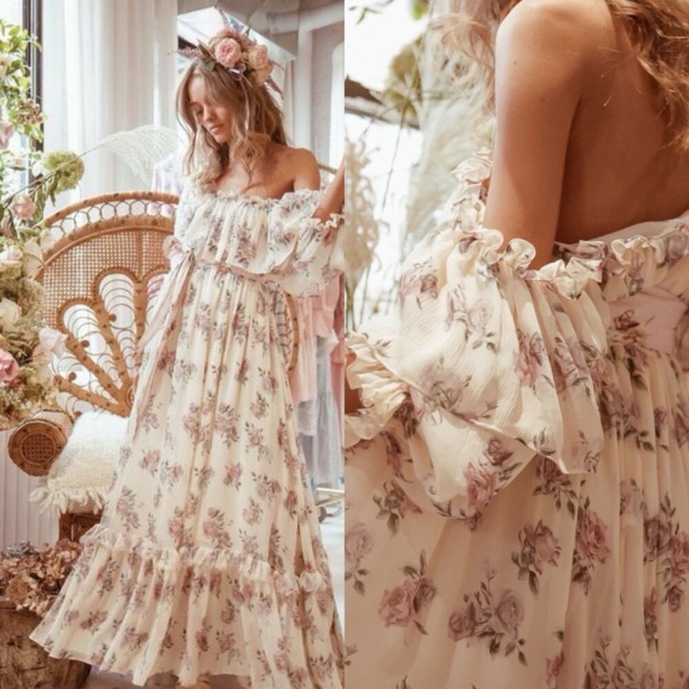 LoveShackFancy Tara Silk Floral Maxi Dress | Feminine Cottagecore Romantic XS/P